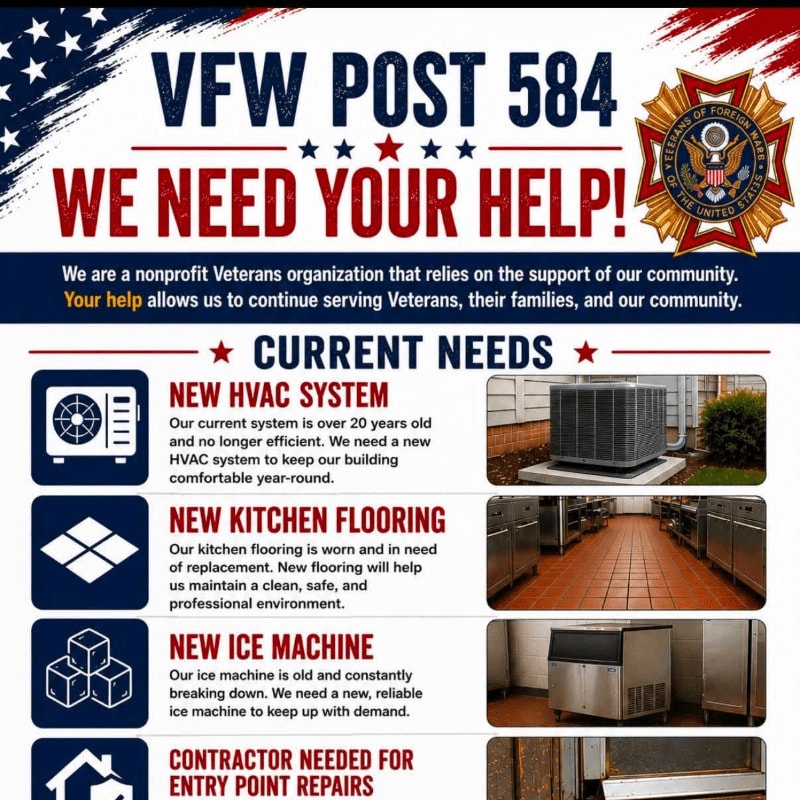 In the foreground, icons illustrate a new HVAC system, kitchen flooring, and an ice machine, while the background displays images of an outdoor HVAC unit, a commercial kitchen, and an ice machine.