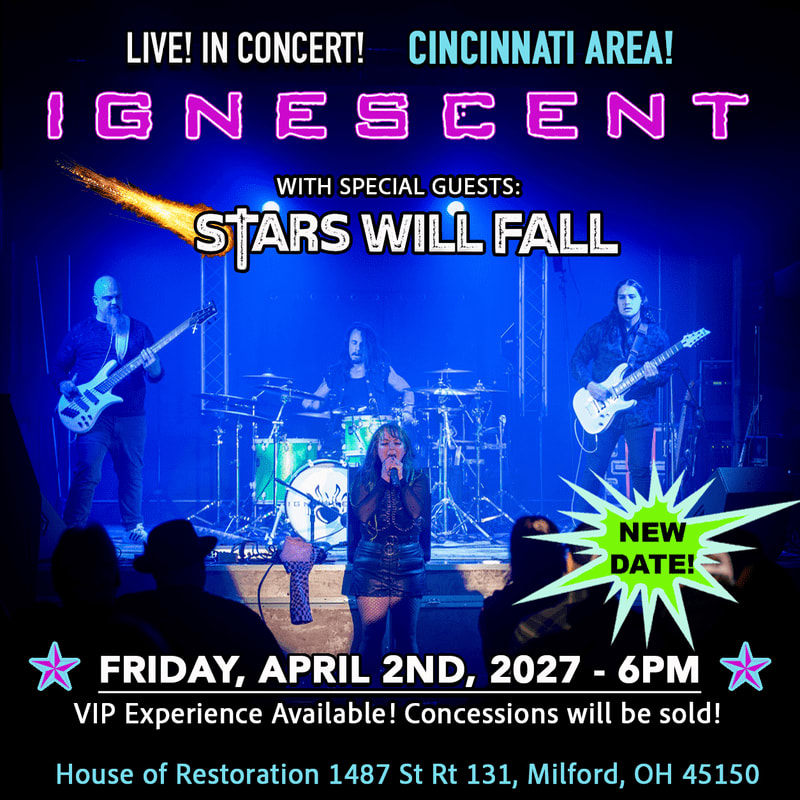 A band performs on a stage with a drummer and three guitarists in the background, while a singer stands in the foreground, all under blue stage lights with concert details overlaid.