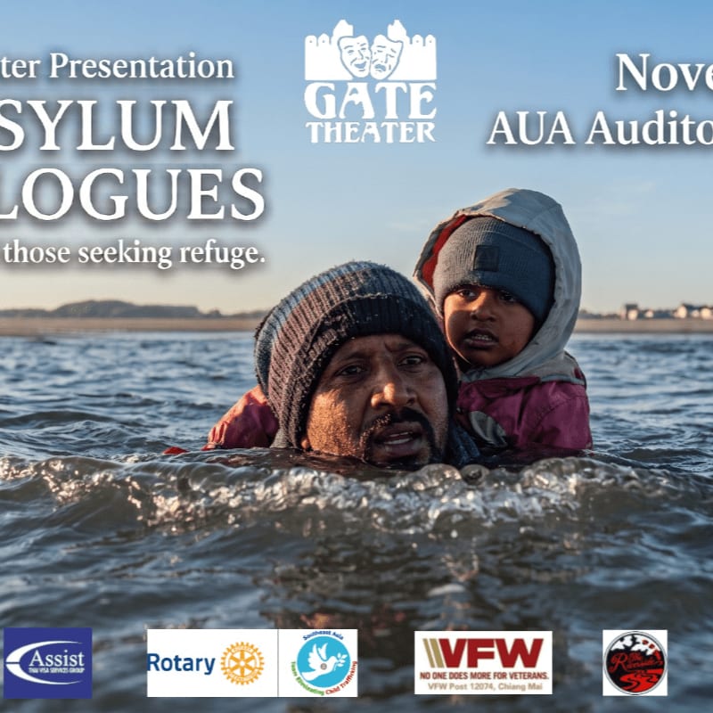 A man and child struggle through choppy water in the foreground, with text about "Asylum Dialogues" and event details in the background.