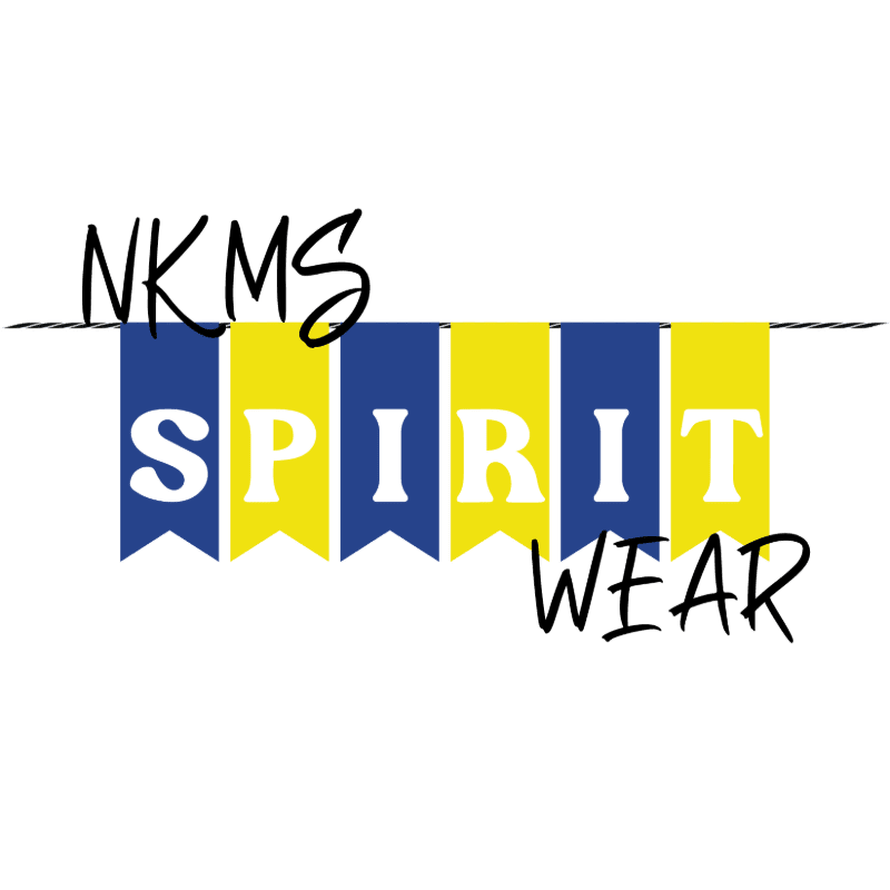 Blue and yellow pennants spelling "SPIRIT" hang from a string in the foreground, with "NKMS" and "WEAR" written above and below them respectively, against a white background.