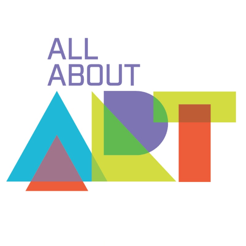 Colorful geometric shapes form the word "ART" in the foreground, with the text "ALL ABOUT" in purple above it, all set against a white background.