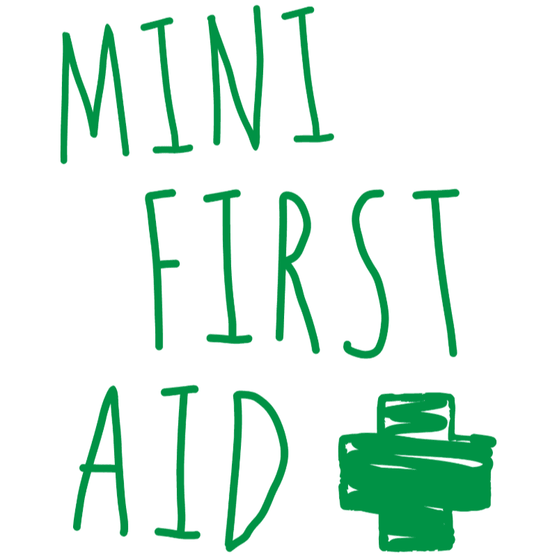 Green hand-drawn text "MINI FIRST AID" is in the foreground, with a green plus sign to the right, against a white background.