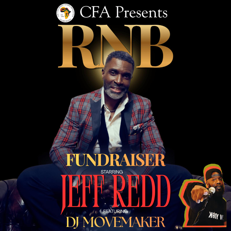 A man in a plaid suit sits on a couch in the foreground, with "RNB FUNDRAISER" and "JEFF REDD" text above him, while a DJ is pictured on the right and "CFA Presents" text is at the top against a black background.