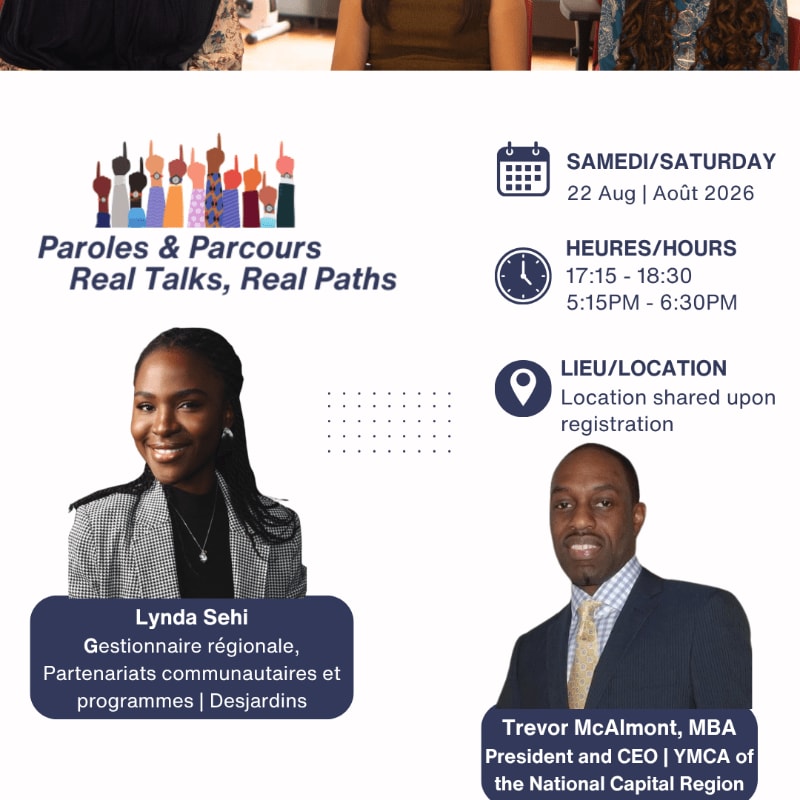 In the foreground, portraits of Lynda Sehi and Trevor McAlmont are displayed alongside event details, while the background features a graphic of raised hands and text for "Paroles & Parcours | Real Talks, Real Paths."