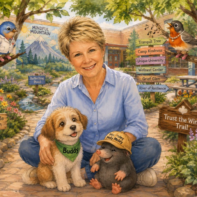 A smiling woman sits cross-legged on a path with a puppy and a mole, surrounded by a whimsical landscape featuring a mountain, a stream, and signs pointing to various positive concepts.