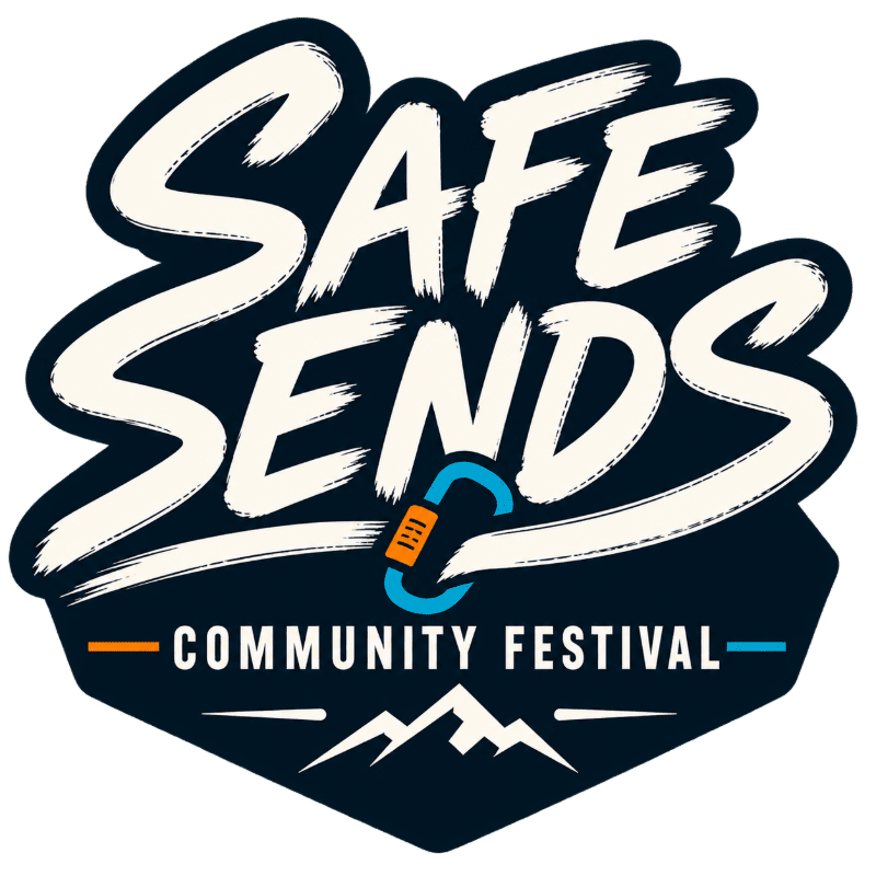 A dark blue logo with "SAFE SENDS COMMUNITY FESTIVAL" in white and orange lettering, featuring a carabiner and mountain silhouette in the foreground and a white background.