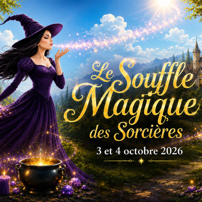 A witch in a purple dress blows magical sparkles from her hand towards a cauldron in the foreground, with a castle and sunlit sky in the background.