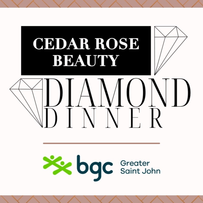 In the foreground, the text "CEDAR ROSE BEAUTY DIAMOND DINNER" is displayed with diamond graphics, while the background features a light cream color with a subtle geometric pattern.