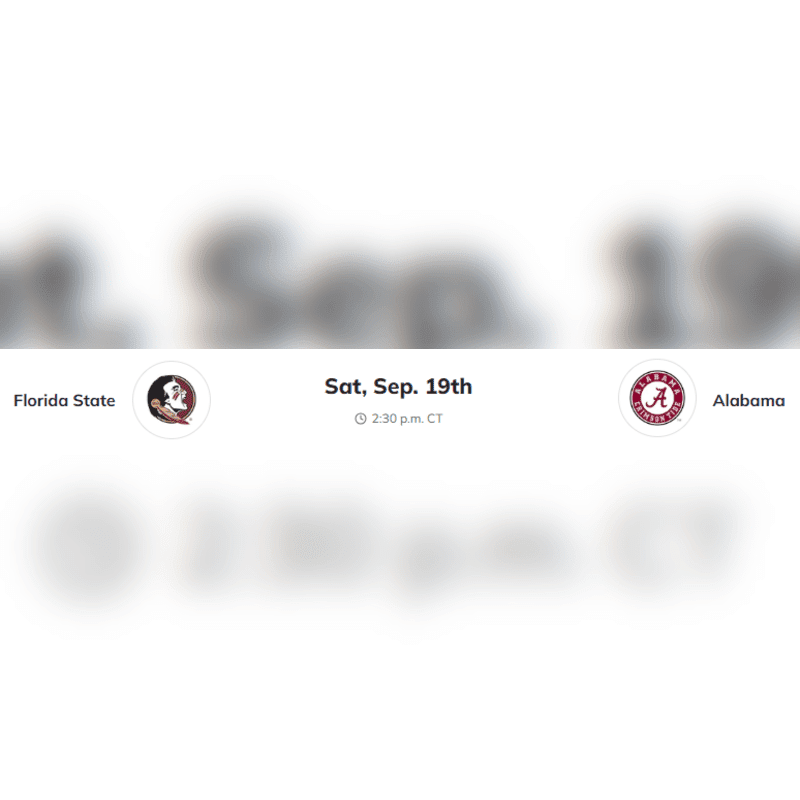 In the foreground, logos for Florida State and Alabama flank the date and time of a game, while the background is a blurred image of a stadium.