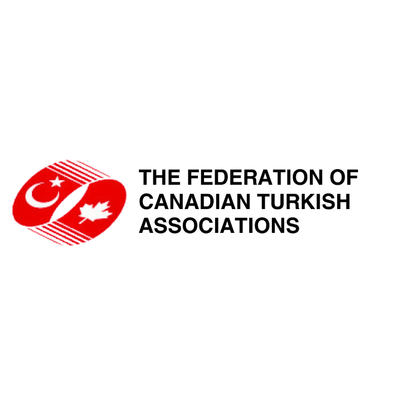 A red emblem with a crescent moon and a maple leaf is to the left of the black text "THE FEDERATION OF CANADIAN TURKISH ASSOCIATIONS" on a white background.