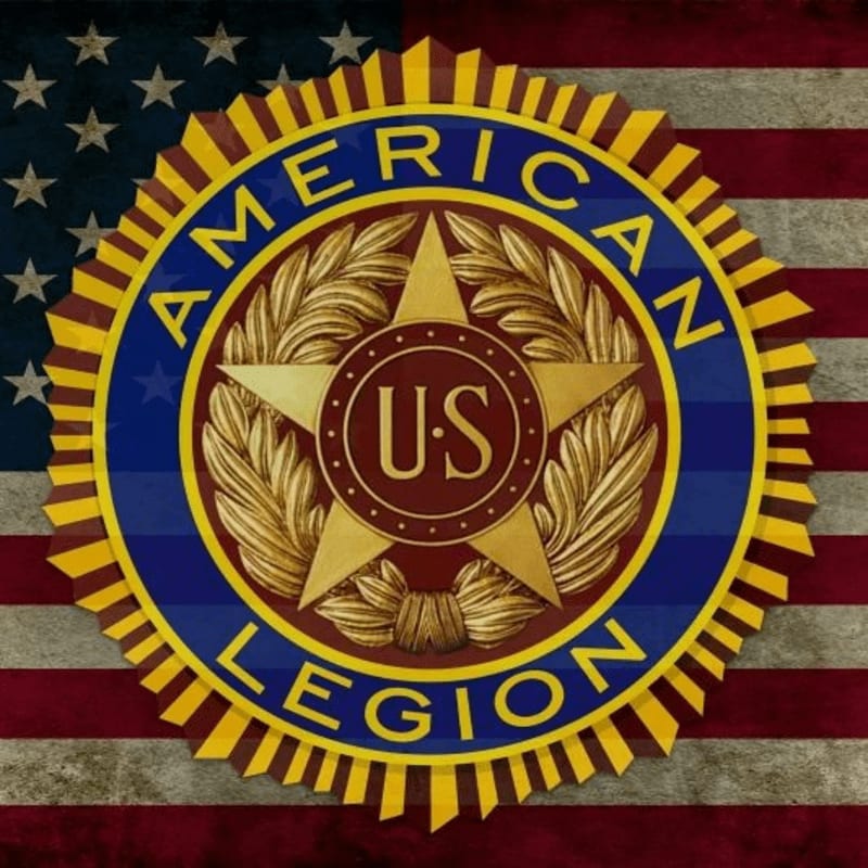 A circular emblem with "AMERICAN LEGION" and a star in the center is superimposed over a distressed American flag.
