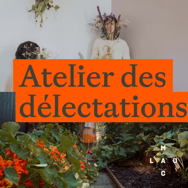 Two people adorned with flowers stand in a bright room behind an orange banner with French text, while a lush garden with orange flowers fills the foreground.