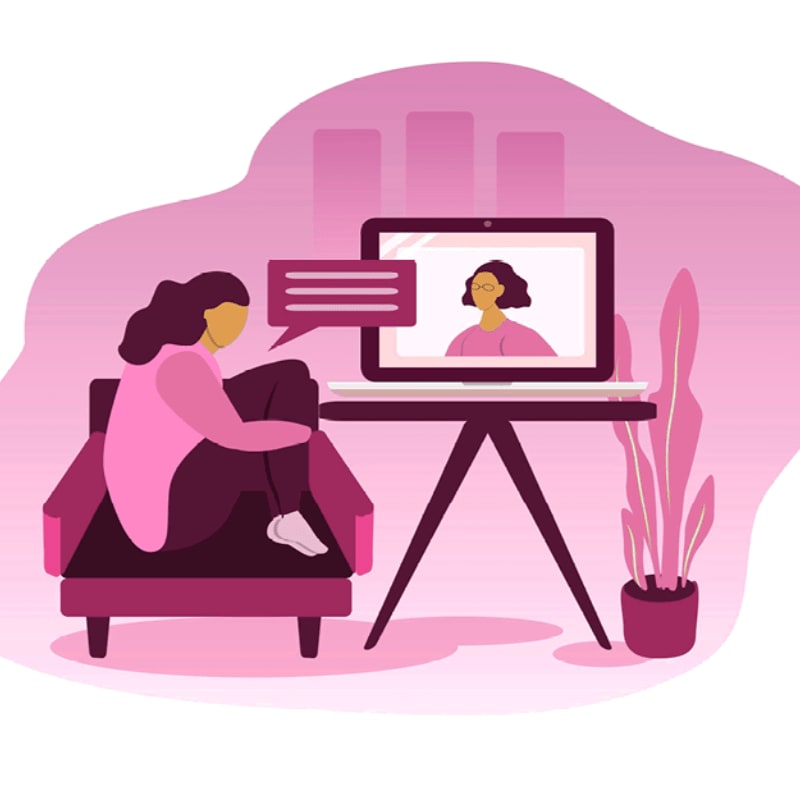 A woman sits in a chair in the foreground, looking at a laptop screen displaying a video call with another woman, while a plant and abstract shapes form the background.