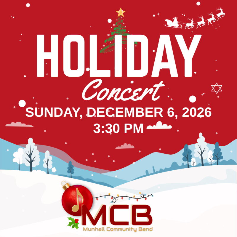 A festive holiday concert announcement with a snowy landscape in the background and a Christmas ornament with the MCB logo in the foreground.