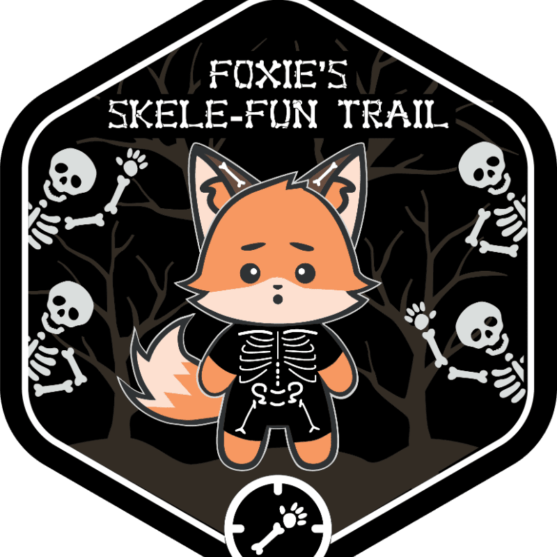 A cartoon fox in a skeleton costume stands in the foreground with spooky skeletons and dark trees in the background, all within a hexagonal frame.