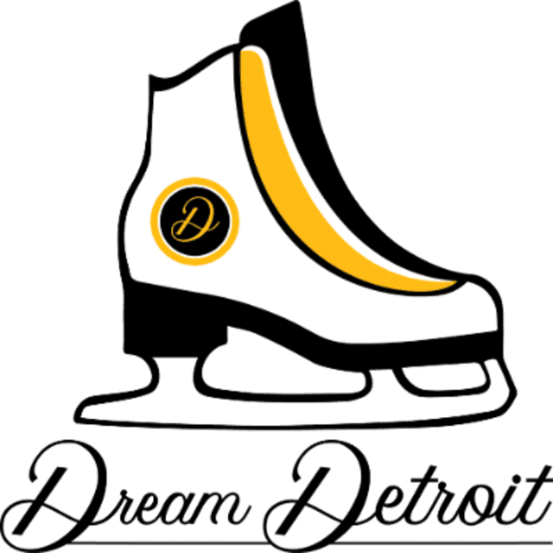 A white figure skate with yellow and black accents, featuring a "D" logo, rests above the cursive text "Dream Detroit" on a white background.