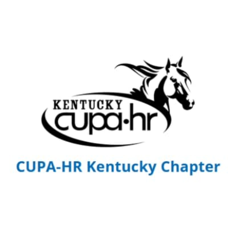 A black and white logo featuring a horse in motion above the text "KENTUCKY CUPA-HR" is set against a white background, with "CUPA-HR Kentucky Chapter" written in blue text below.