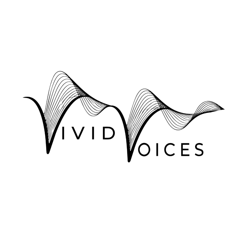 A black and white logo features the words "VIVID VOICES" with a stylized sound wave graphic in the background.