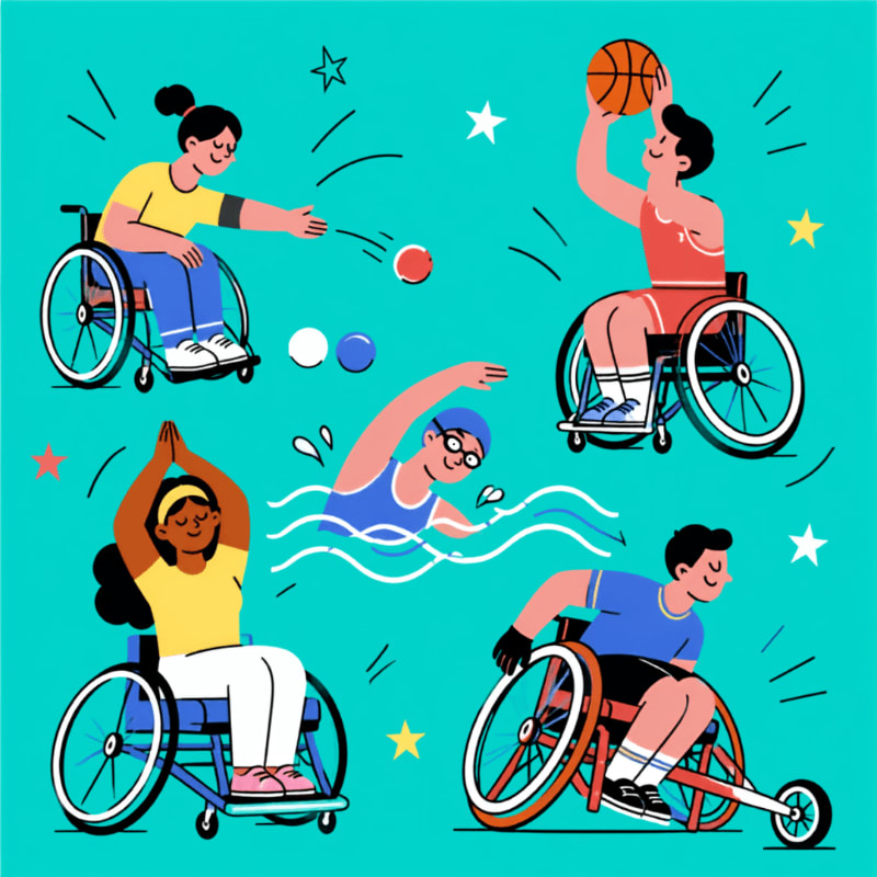 In the foreground, people in wheelchairs play sports like basketball and bocce ball, while another person swims in the background, all against a teal backdrop with stars and lines.