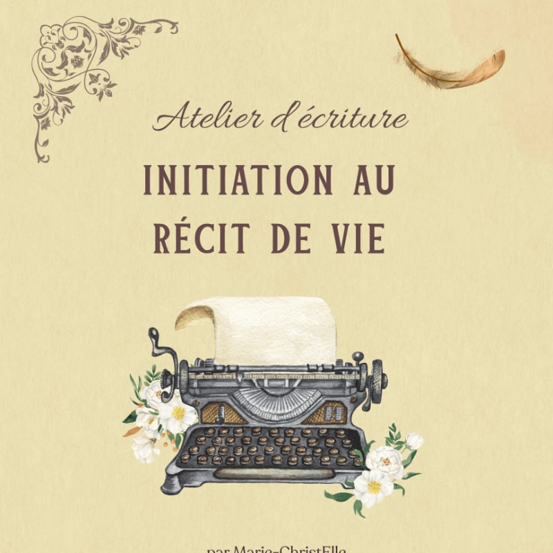 A vintage typewriter with flowers in the foreground sits against a textured, cream-colored background adorned with decorative corner elements and a feather.