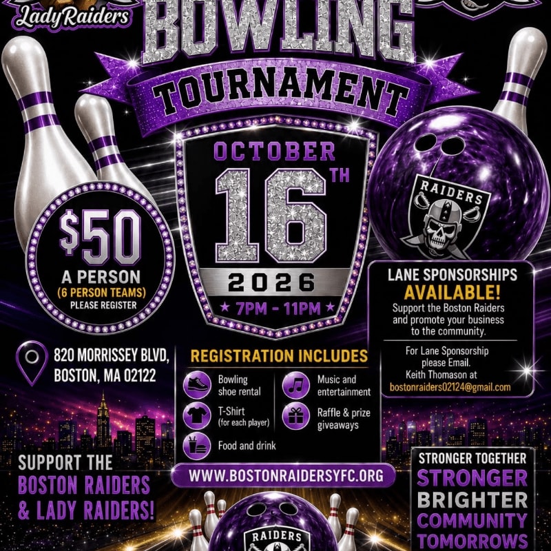 A bowling tournament poster with a bowling ball and pins in the foreground and event details in the background.