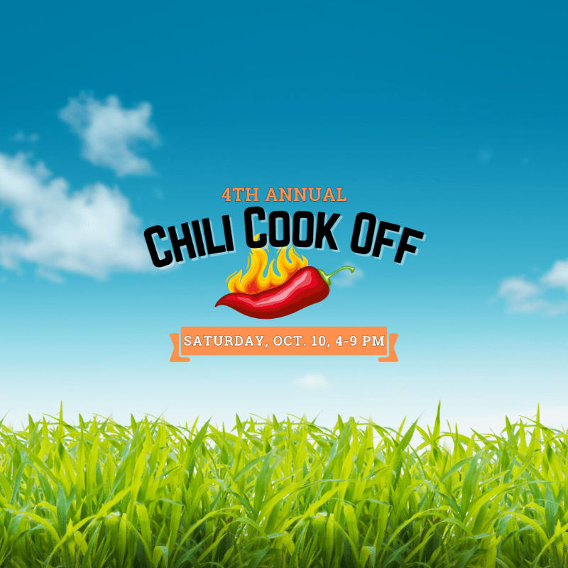 Lush green grass fills the foreground under a bright blue sky with fluffy white clouds, where text announces the "4th Annual Chili Cook Off" with a fiery chili pepper graphic.