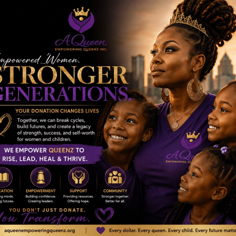A regal woman with a crown looks to the right, surrounded by three smiling young girls, with a city skyline in the background and text about empowerment.
