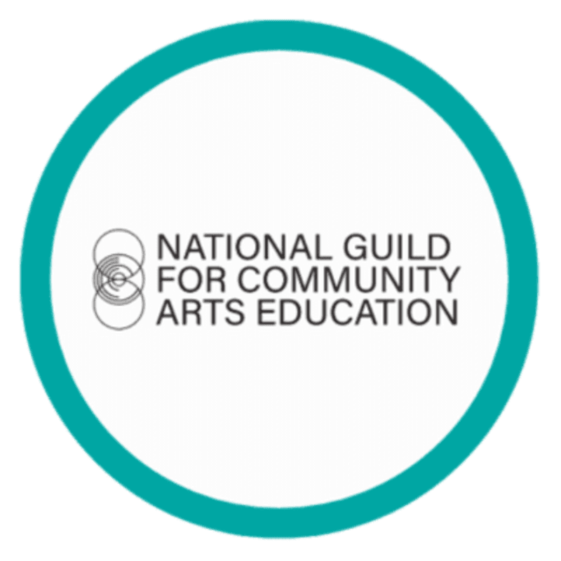 A teal circle encloses a white background with the text "NATIONAL GUILD FOR COMMUNITY ARTS EDUCATION" and a circular abstract design to its left.