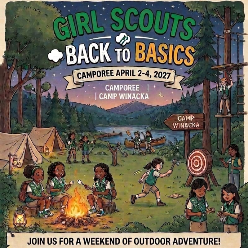 In the foreground, Girl Scouts roast marshmallows around a campfire and practice archery, while the background features a serene lake, tents, and a forest with a high ropes course.