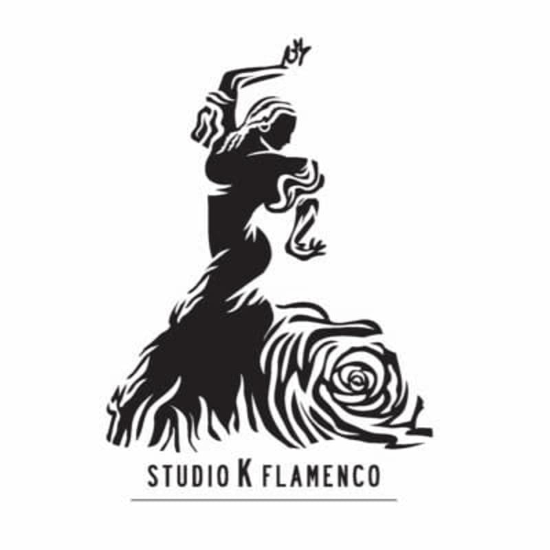 A silhouette of a flamenco dancer in a flowing dress is set against a white background, with "STUDIO K FLAMENCO" written below.