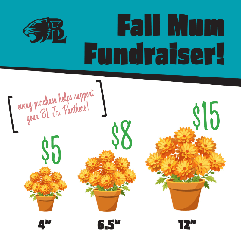 Three potted mums of varying sizes are displayed in the foreground with prices and sizes indicated, while the background features text announcing a "Fall Mum Fundraiser!" and a school logo.