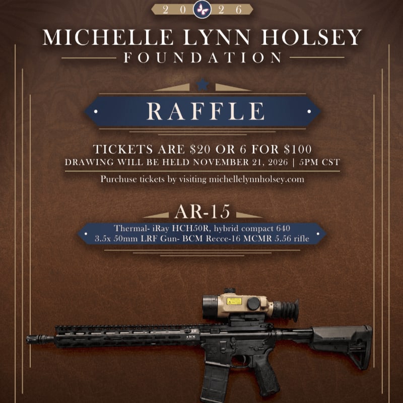 A raffle for an AR-15 rifle is advertised against a textured brown background, with the prize prominently displayed in the foreground.