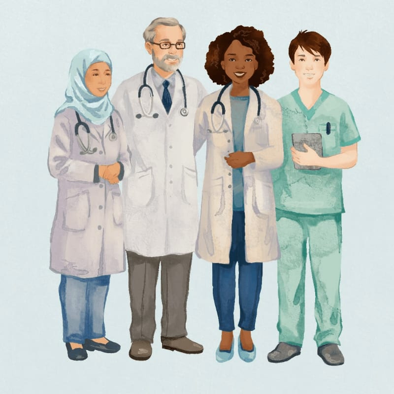 Four diverse medical professionals stand together in the foreground against a soft blue background.