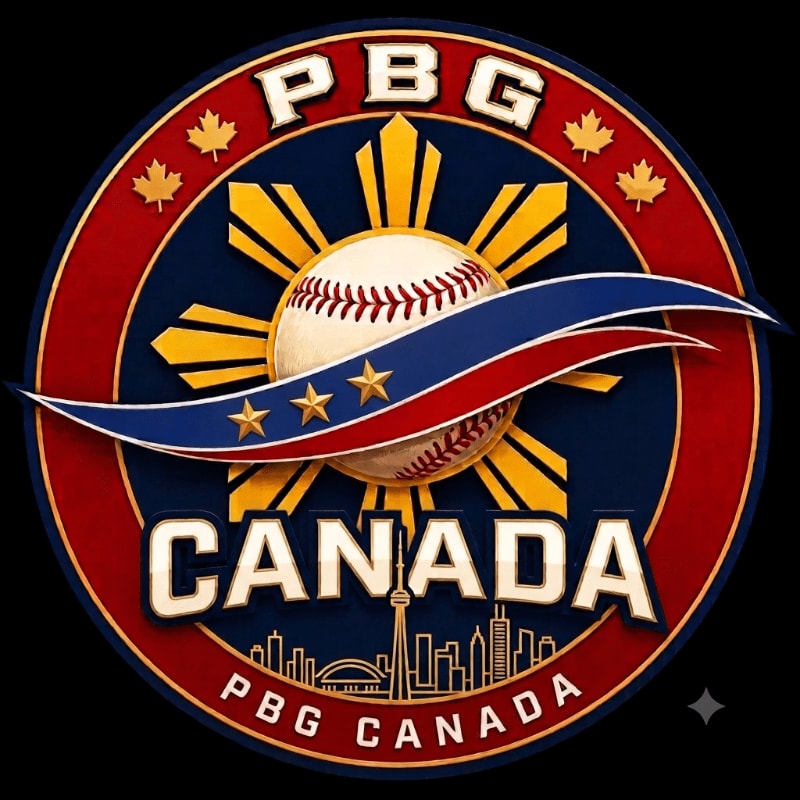 A baseball with a red, white, and blue ribbon is centered in front of a sunburst, all within a circular logo featuring maple leaves and the word "CANADA" above a cityscape.
