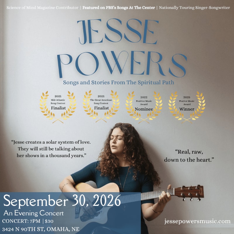 A young woman with curly hair plays an acoustic guitar in the foreground, while the background features the name "JESSE POWERS" in large blue letters and several award laurels.