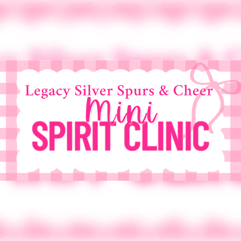 A pink gingham background frames a white, scalloped-edge rectangle containing the text "Legacy Silver Spurs & Cheer Mini SPIRIT CLINIC" in pink and purple lettering, with a pink bow on the right.