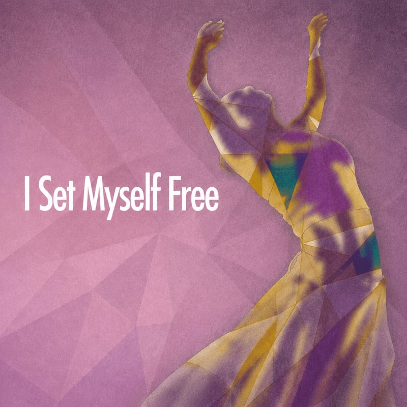 A dancer in a flowing white dress with colorful geometric patterns superimposed on her body is captured mid-pose against a soft purple, faceted background with the text "I Set Myself Free" on the left.