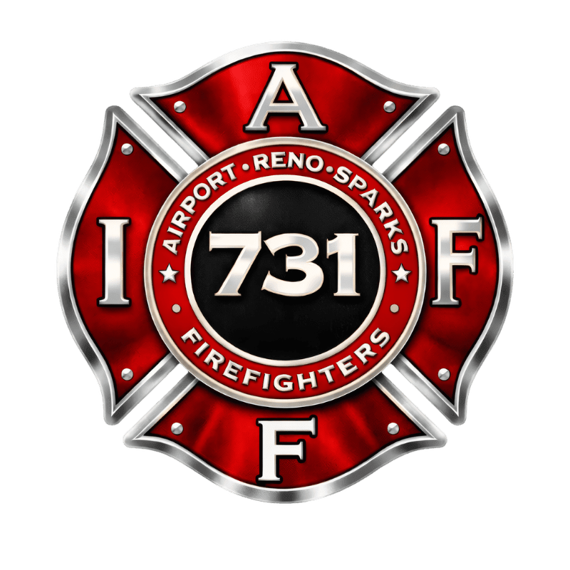 A red Maltese cross emblem with "IAFF 731 AIRPORT RENO SPARKS FIREFIGHTERS" inscribed on it is set against a white background.