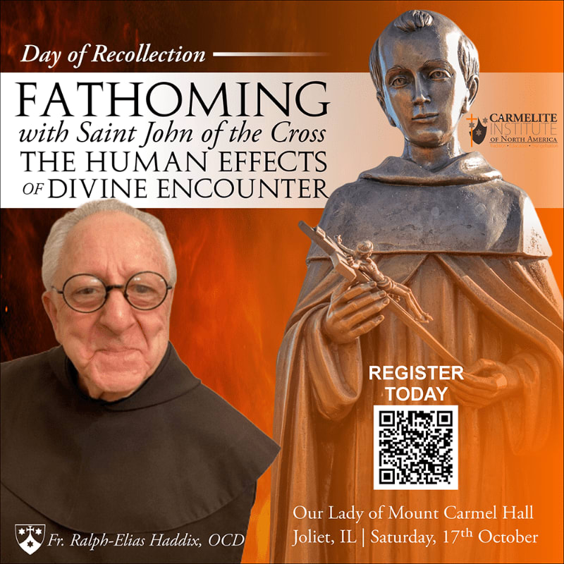 A man in glasses and a brown robe is in the foreground, while a statue of a robed figure holding a cross is in the background, with event details overlayed.