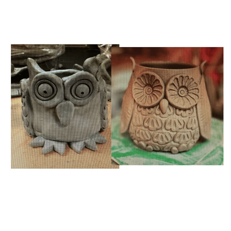 A gray clay owl pot with large eyes sits on a textured surface in the foreground, while a finished, lighter-colored owl pot with intricate details rests on a green cloth in the background.