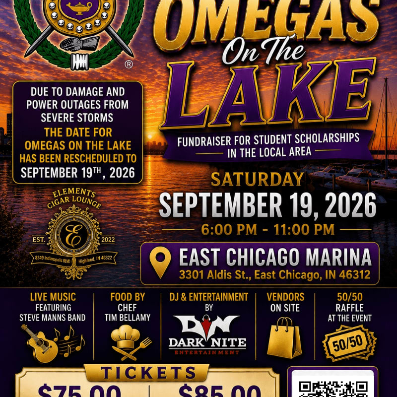 A flyer for "Omegas on the Lake," a fundraiser for student scholarships, is set against a sunset over a marina with boats in the background, while the foreground details event information like date, time, location, and ticket prices.