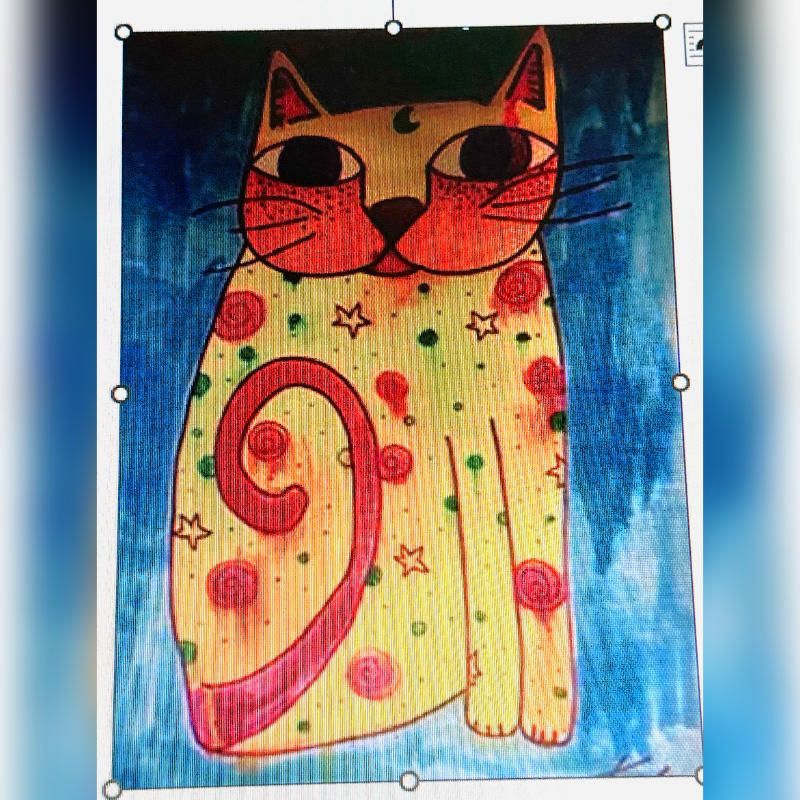 A whimsical, yellow cat with red spots and stars sits against a vibrant blue and black background.