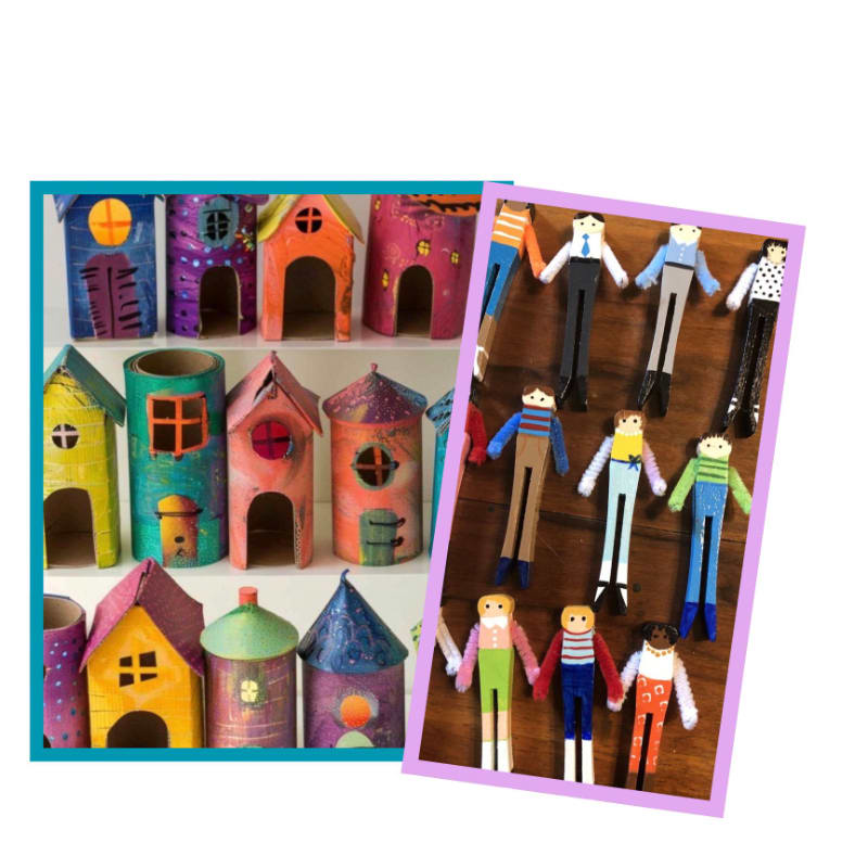 Colorful, handmade cardboard houses with arched doorways fill the left side of the frame, while a collection of similarly crafted, stick-figure-like dolls are arranged on the right.