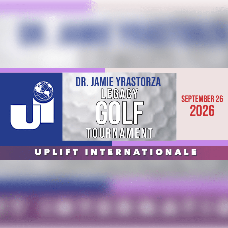 A blue logo with a globe and "UI" is in the foreground, with text announcing the "Dr. Jamie Yrastorza Legacy Golf Tournament" and "September 26, 2026" on a blurred background of golf ball dimples.