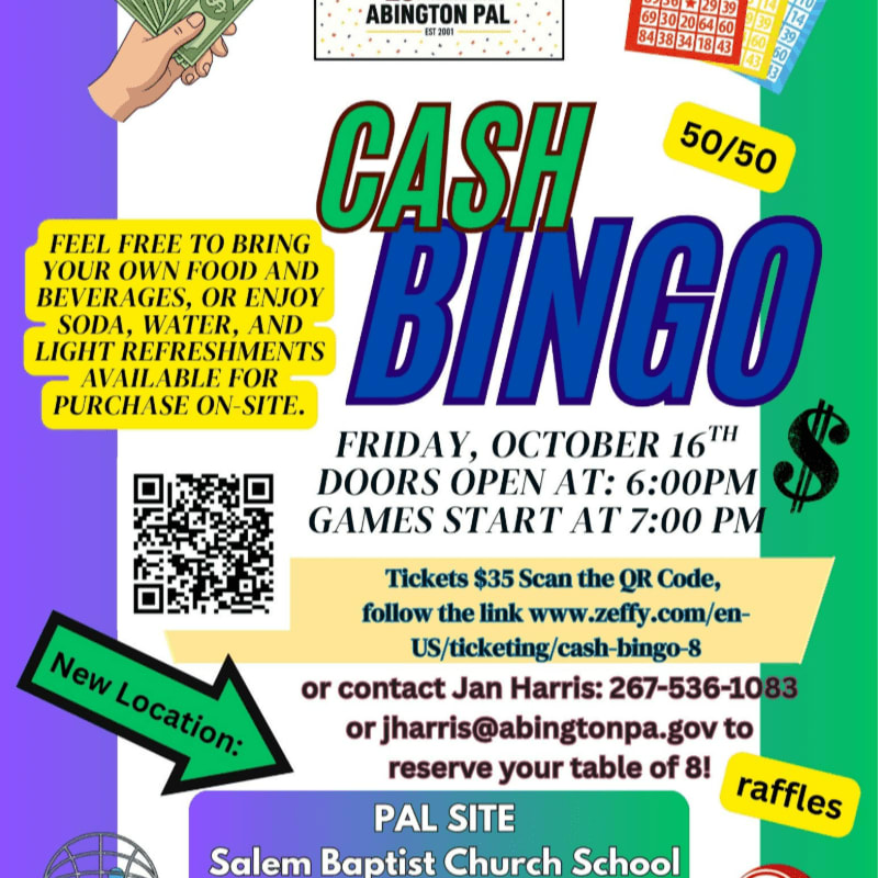 A flyer advertises a cash bingo event with details about the date, time, location, and ticket information, set against a colorful background with graphics of money and bingo cards.