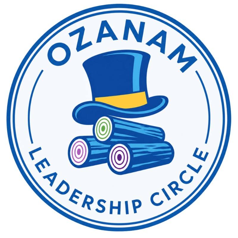 A blue top hat rests on three stacked logs with colorful rings in the foreground, all within a circular emblem that reads "OZANAM LEADERSHIP CIRCLE" in the background.
