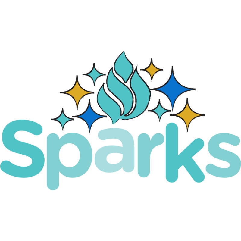A teal flame with surrounding blue and gold stars sits above the word "Sparks" in teal lettering against a white background.