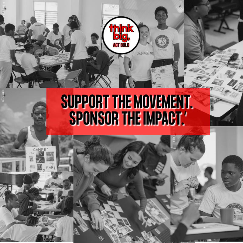 In the foreground, young people are engaged in activities around tables, while the background shows a group of adults and a banner with the text "SUPPORT THE MOVEMENT. SPONSOR THE IMPACT."