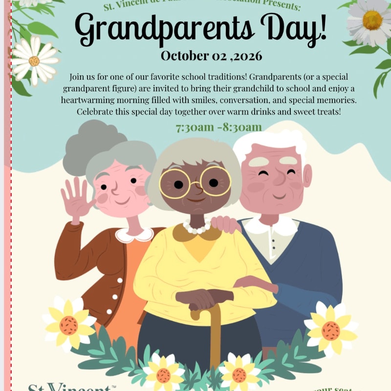 Three smiling grandparents, two women and one man, are featured in the foreground, with floral accents and event details for Grandparents Day in the background.