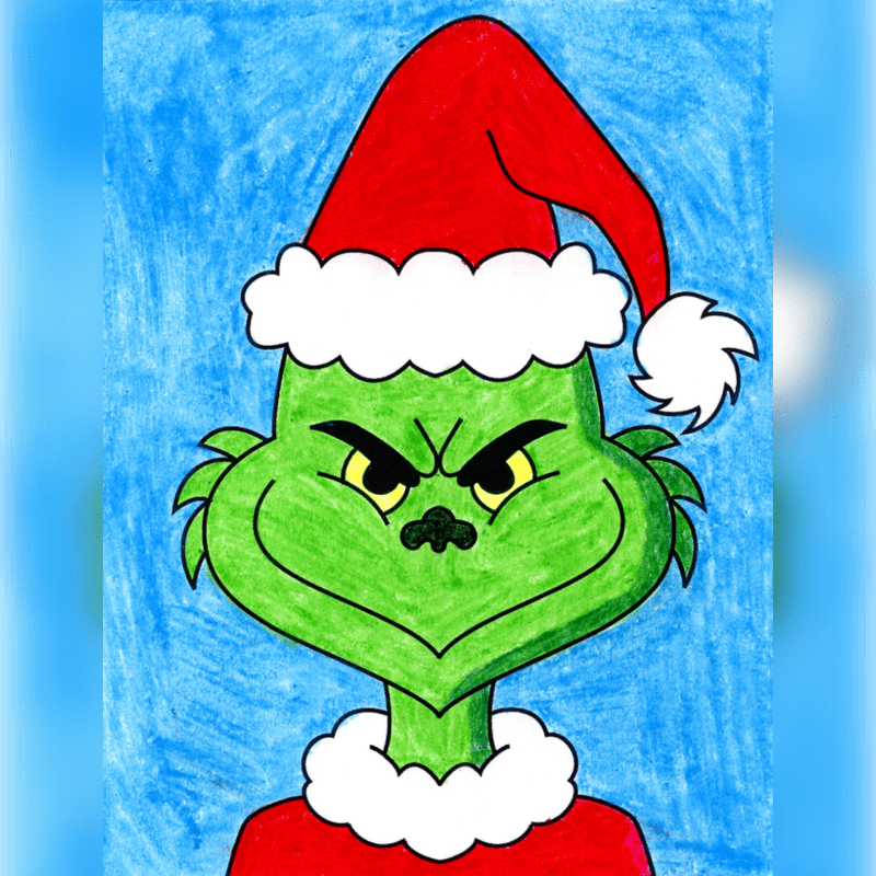 A green Grinch with a Santa hat and red suit is drawn against a bright blue, crayon-textured background.
